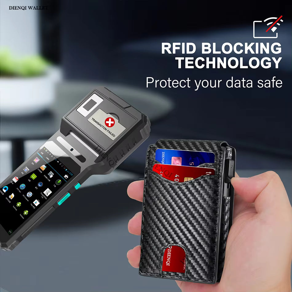 Hand holding a carbon fiber wallet with cards, next to a smartphone, with 'Dienqi Wallet' branding and 'RFID Blocking Technology' text.