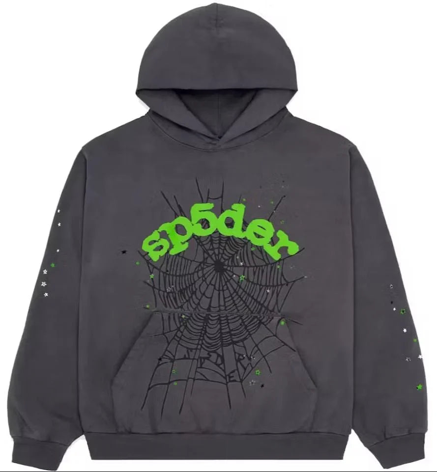 Sp5der charcoal grey hoodie with slime green web design, authentic Young Thug streetwear pullover by THE EA STORE.