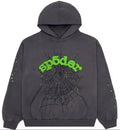 Sp5der charcoal grey hoodie with slime green web design, authentic Young Thug streetwear pullover by THE EA STORE.