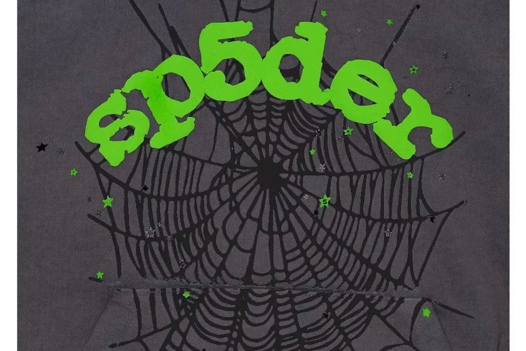 Charcoal grey Sp5der hoodie with slime green web design, young Thug streetwear pullover, authentic Sp5der Essential by THE EA STORE