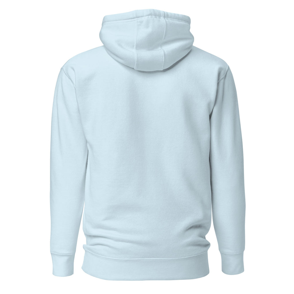 Light blue hoodie shown from the back on a white background