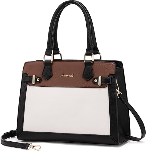Multicolored handbag with black, brown, and white sections on a white background