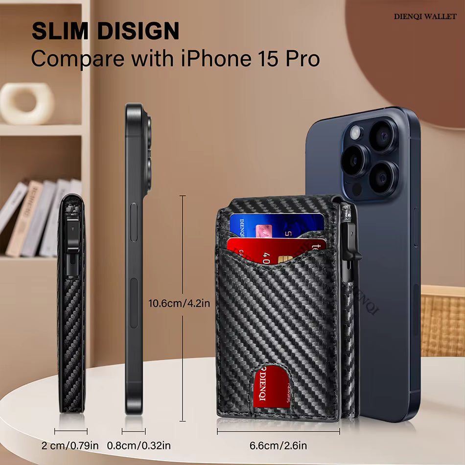 Phone case with card slots and dimensions compared to iPhone 15 Pro