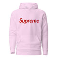 Pink hoodie with 'Supreme' logo on a white background
