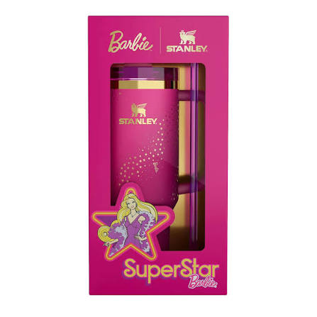 Pink tumbler with Stanley and Barbie branding in a pink box