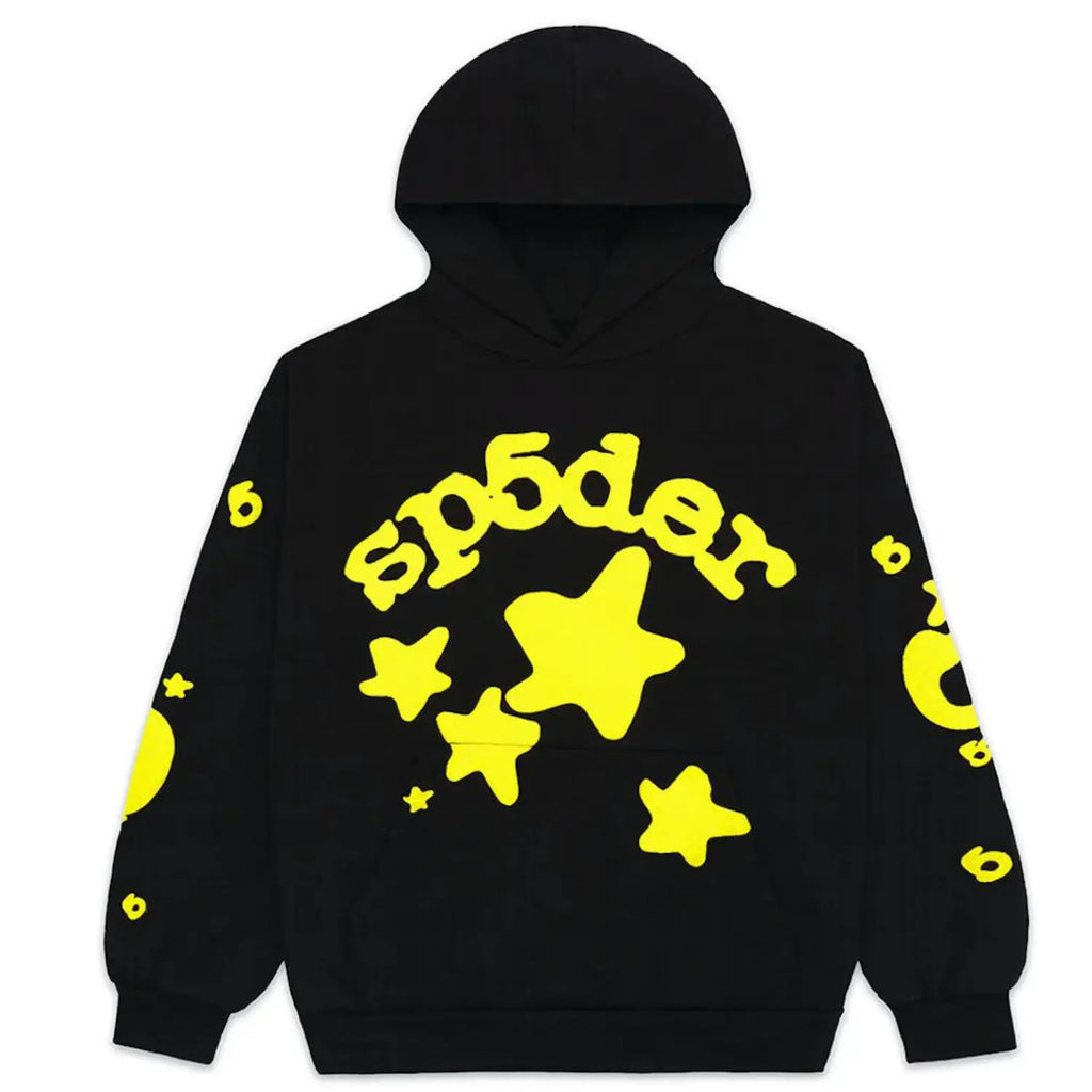 Sp5der Black and Yellow Star hoodie with onyx yellow accents, featuring streetwear style and bold star graphic from THE EA STORE.
