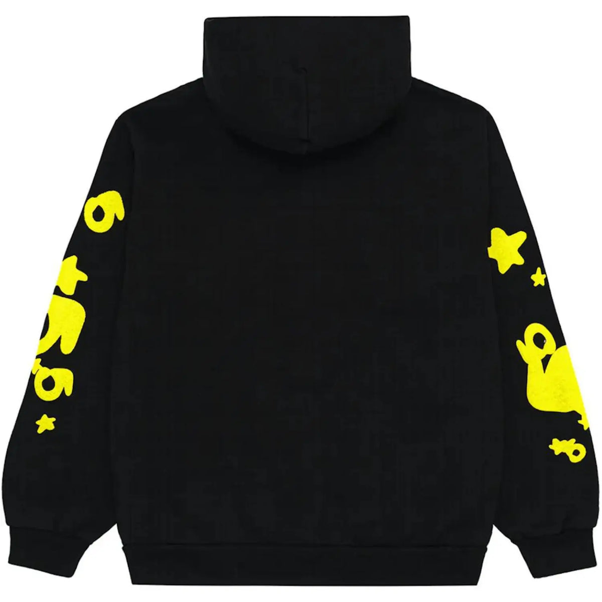 Black and yellow Sp5der Essential hoodie featuring star graphics, inspired by Young Thug streetwear style.