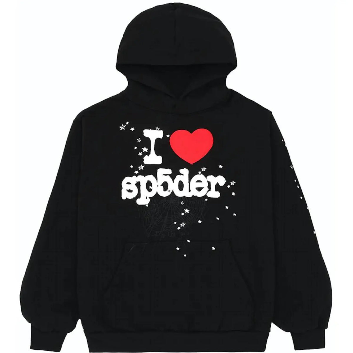 Black Sp5der I Love Sp5der Heart hoodie featuring streetwear style and bold graphic design, worn as a pullover by young Thug fans.