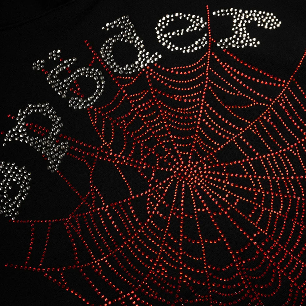 Black Sp5der Essential hoodie with red web and rhinestone logo, Young Thug streetwear pullover, authentic Sp5der design.