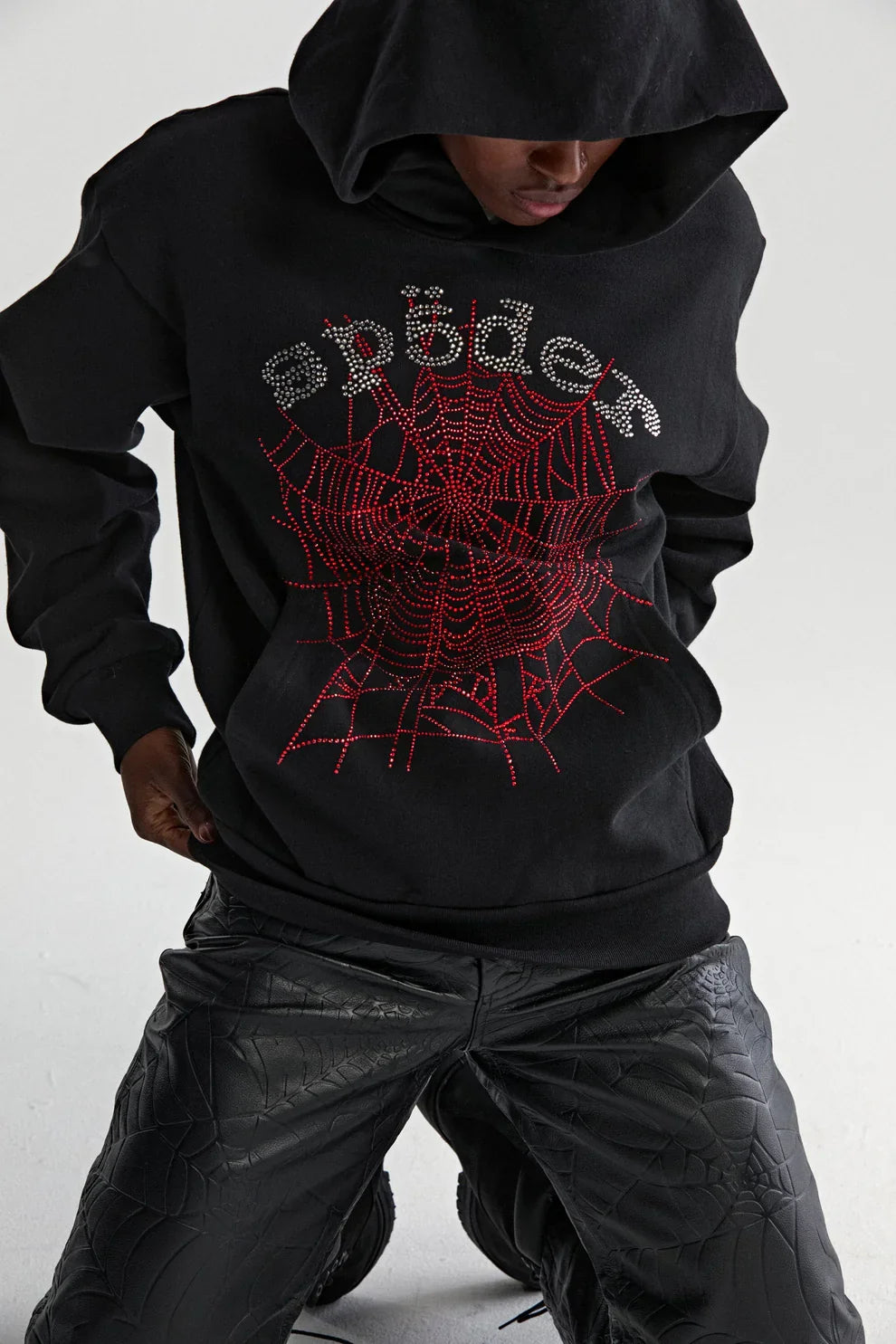 Sp5der Black Red Web Rhinestone Hoodie featuring Sp5der logo, streetwear style, authentic Young Thug inspired pullover.