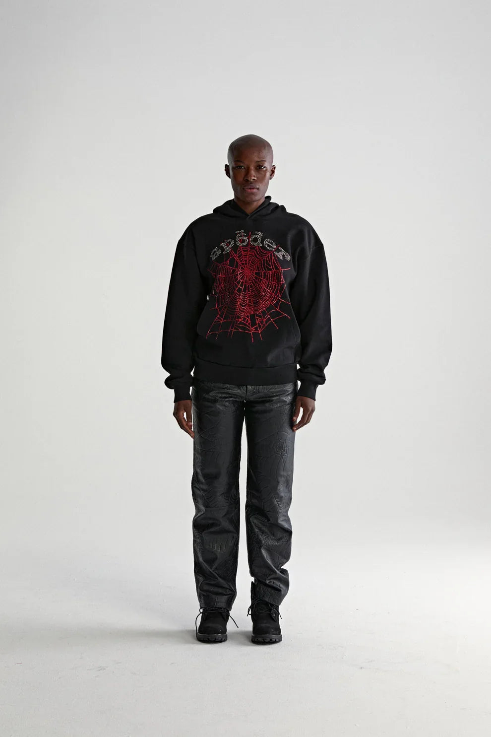 Sp5der Black Red Web Rhinestone Hoodie by THE EA STORE featuring the Sp5der logo, streetwear pullover with rhinestone accents.