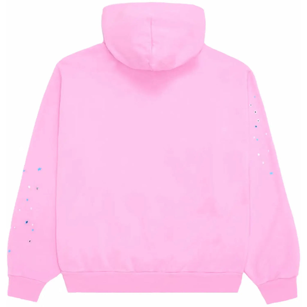 Pink Sp5der Web Hoodie by THE EA STORE featuring a spider web design, authentic Young Thug streetwear pullover, front view.