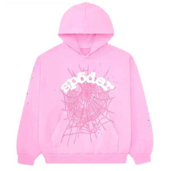 Pink Sp5der Essential hoodie with black web design, featuring streetwear style inspired by Young Thug, from THE EA STORE.