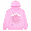 Pink Sp5der Essential hoodie with black web design, featuring streetwear style inspired by Young Thug, from THE EA STORE.