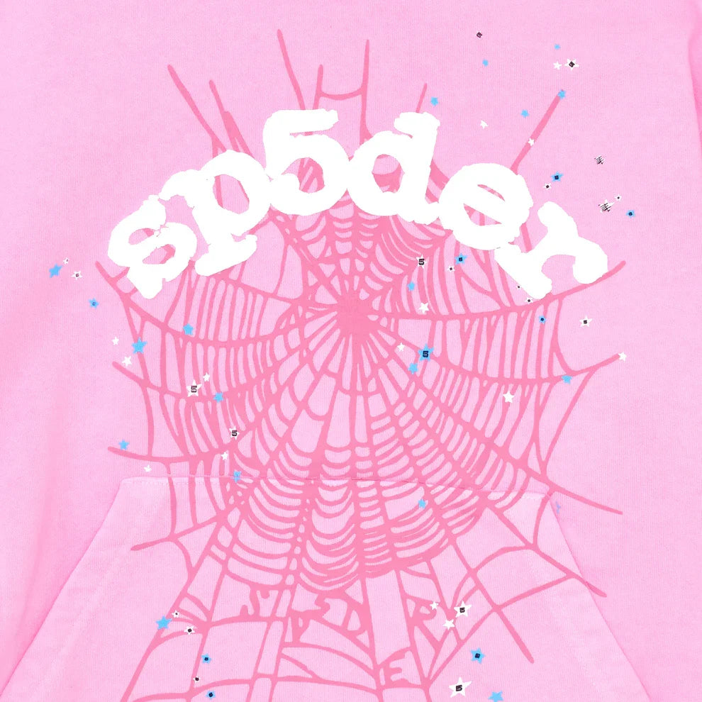 Pink Sp5der Web hoodie from THE EA STORE, authentic Young Thug streetwear pullover with spider web design, casual and stylish.