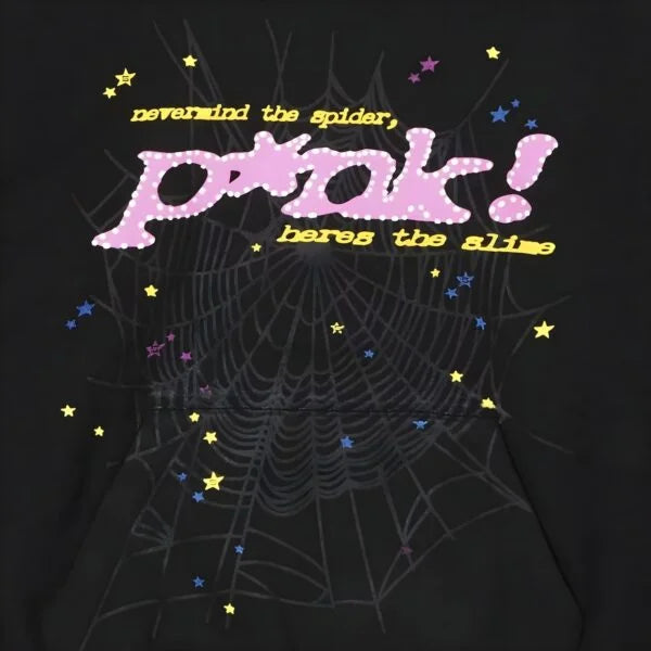 Black Sp5der Essential hoodie by THE EA STORE featuring Pink "Nevermind The Spider" design, streetwear pullover with bold graphic.