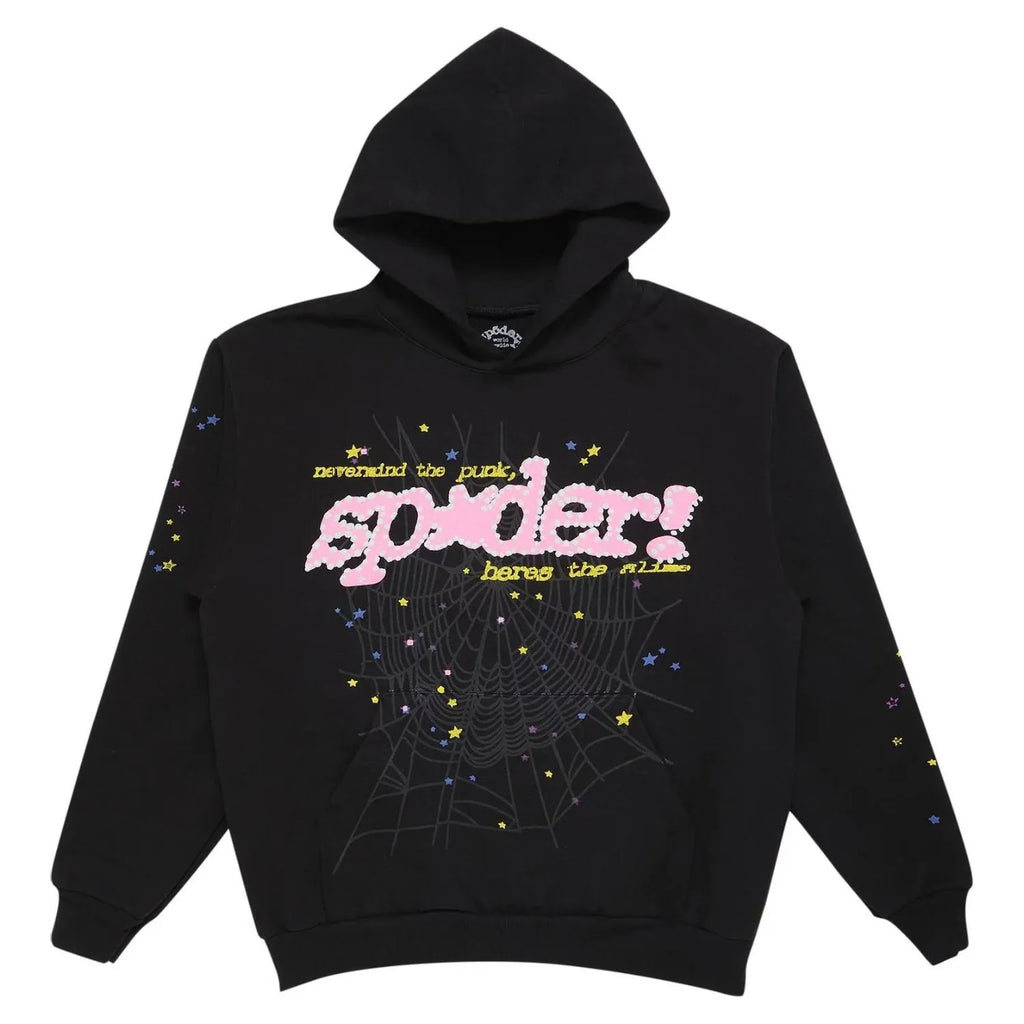 Black Sp5der Punk Slime Hoodie by THE EA STORE featuring Sp5der branding, perfect for a casual and edgy streetwear look.