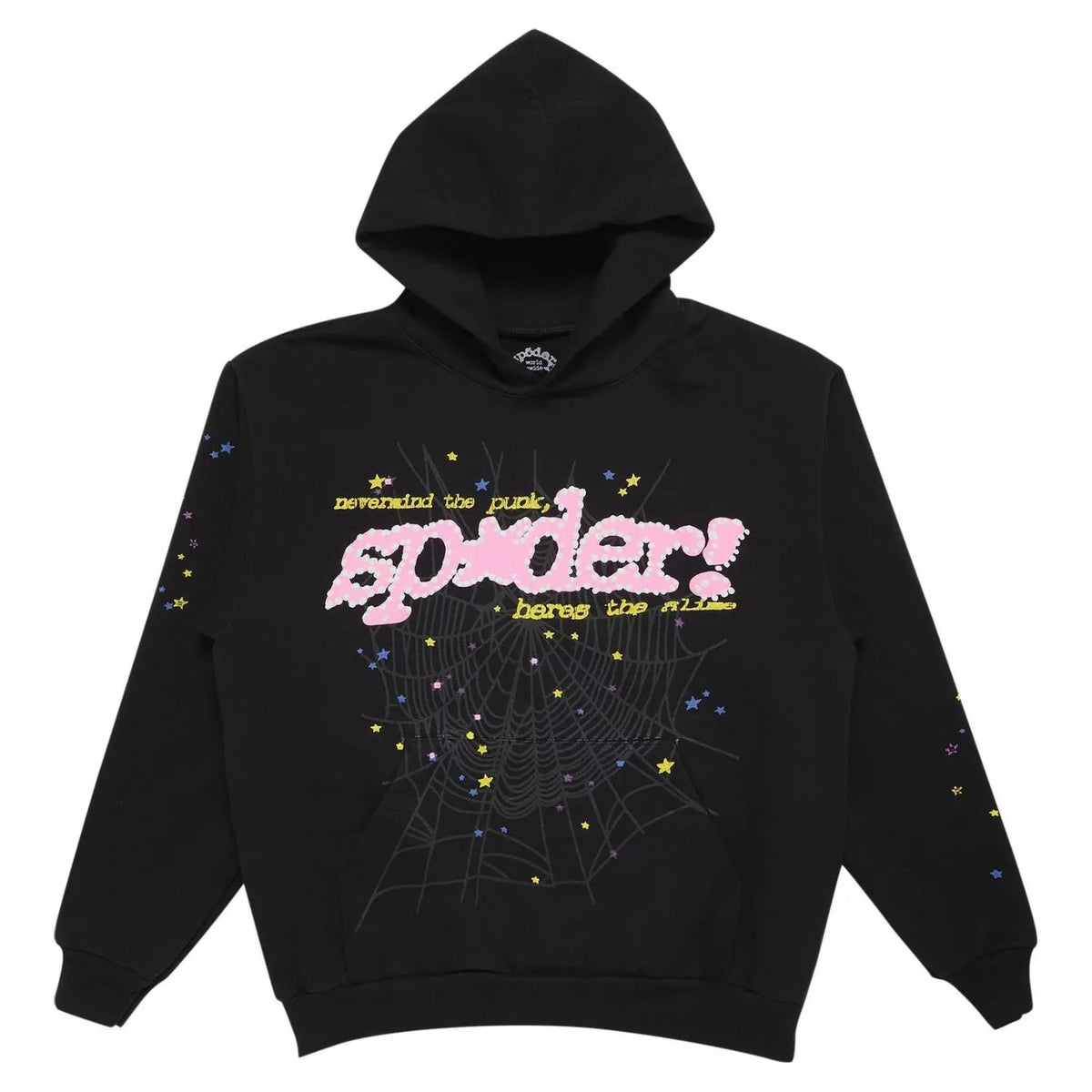 Black Sp5der Punk Slime Hoodie by THE EA STORE featuring Sp5der branding, perfect for a casual and edgy streetwear look.