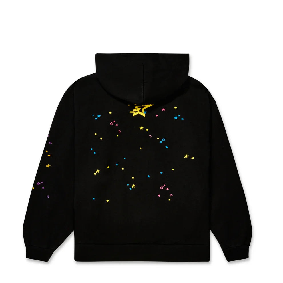 Black Sp5der punk slime hoodie featuring the Sp5der Essential logo, worn as a pullover with bold design details.