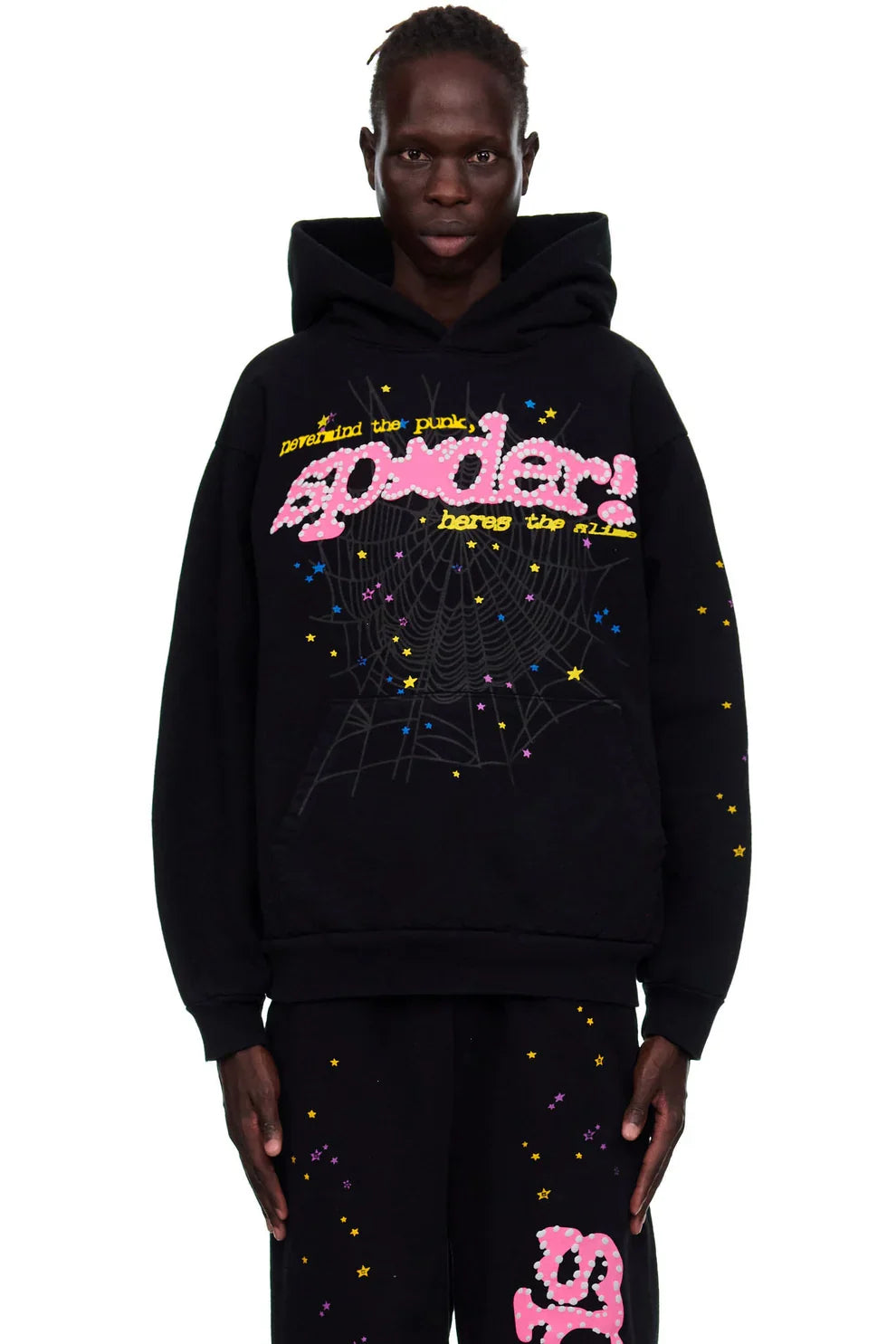 Black Sp5der punk slime hoodie by THE EA STORE, featuring bold Sp5der branding and a casual pullover design.