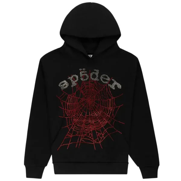 Black Sp5der Essential hoodie with red web rhinestones, authentic Young Thug streetwear pullover from THE EA STORE.