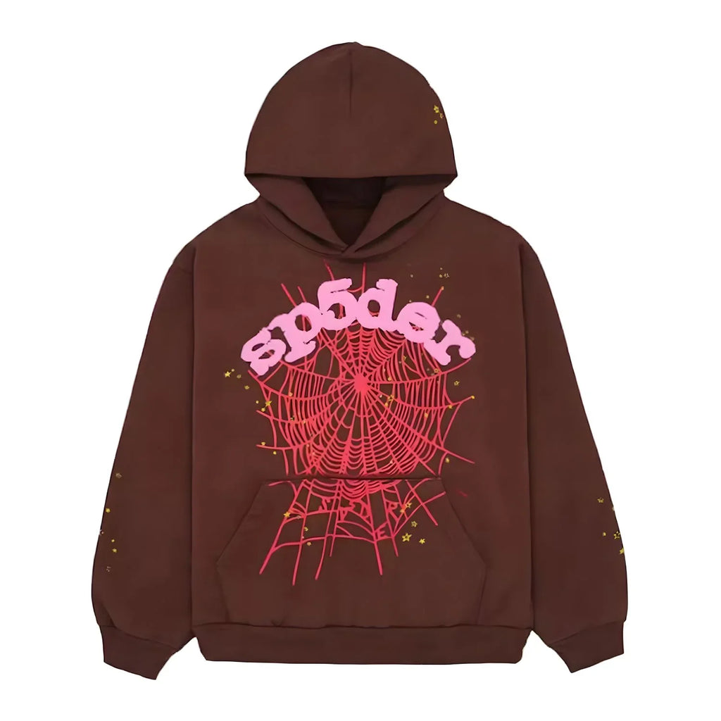 Sp5der Brown Pink Web Hoodie by THE EA STORE, a young Thug streetwear pullover featuring web graphic design and casual style.