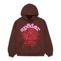 Sp5der Brown Pink Web Hoodie by THE EA STORE, a young Thug streetwear pullover featuring web graphic design and casual style.