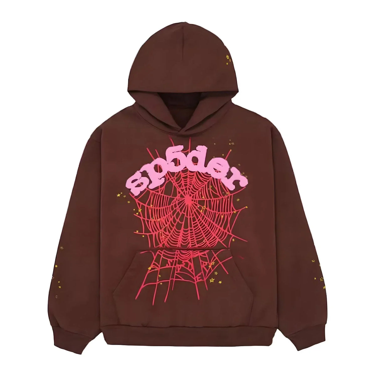 Sp5der Brown Pink Web Hoodie by THE EA STORE, a young Thug streetwear pullover featuring web graphic design and casual style.