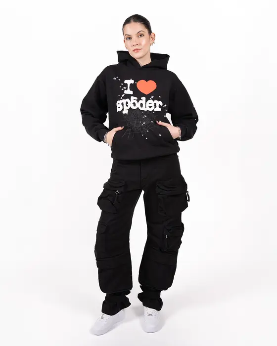 Black Sp5der I Love Sp5der Heart Hoodie featuring bold graphic design, streetwear style, and comfortable pullover fit.