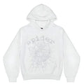 White Sp5der Web Rhinestone Hoodie by THE EA STORE featuring spider graphic and streetwear style pullover, front view.