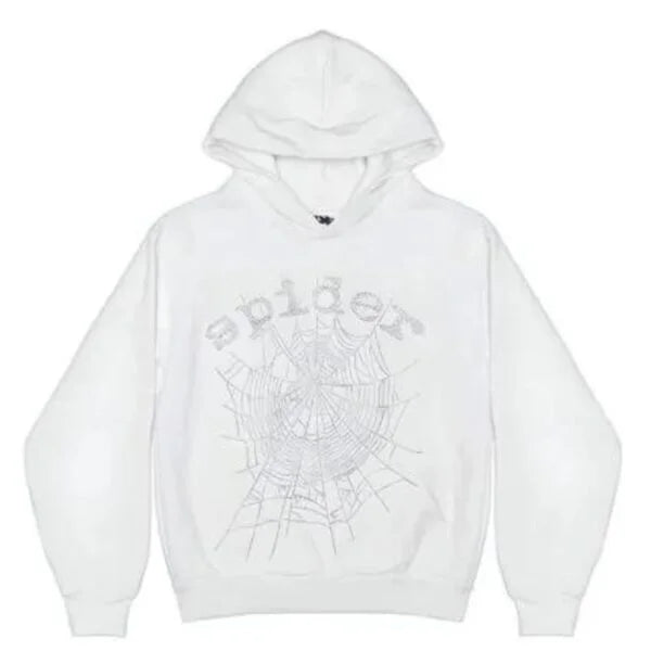 White Sp5der Web Rhinestone Hoodie by THE EA STORE featuring spider graphic and streetwear style pullover, front view.