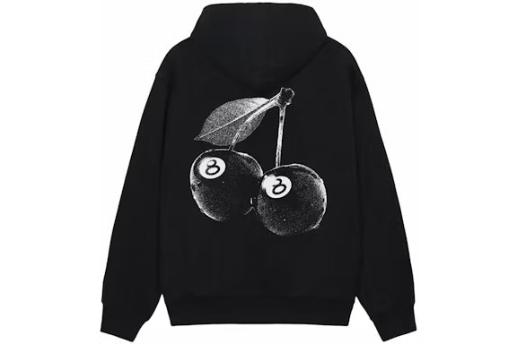 Stüssy Black 8-Ball Cherries Hooded Sweatshirt – Graphic Pullover with Front Logo