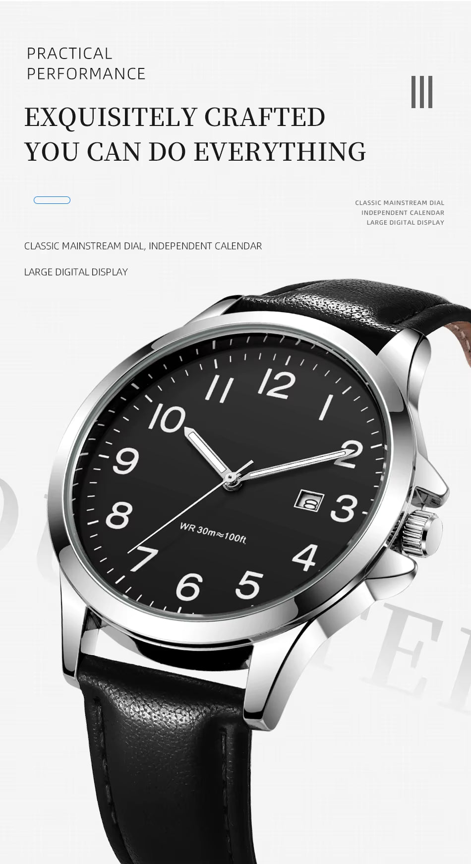Watch with black leather strap and black dial on a white background