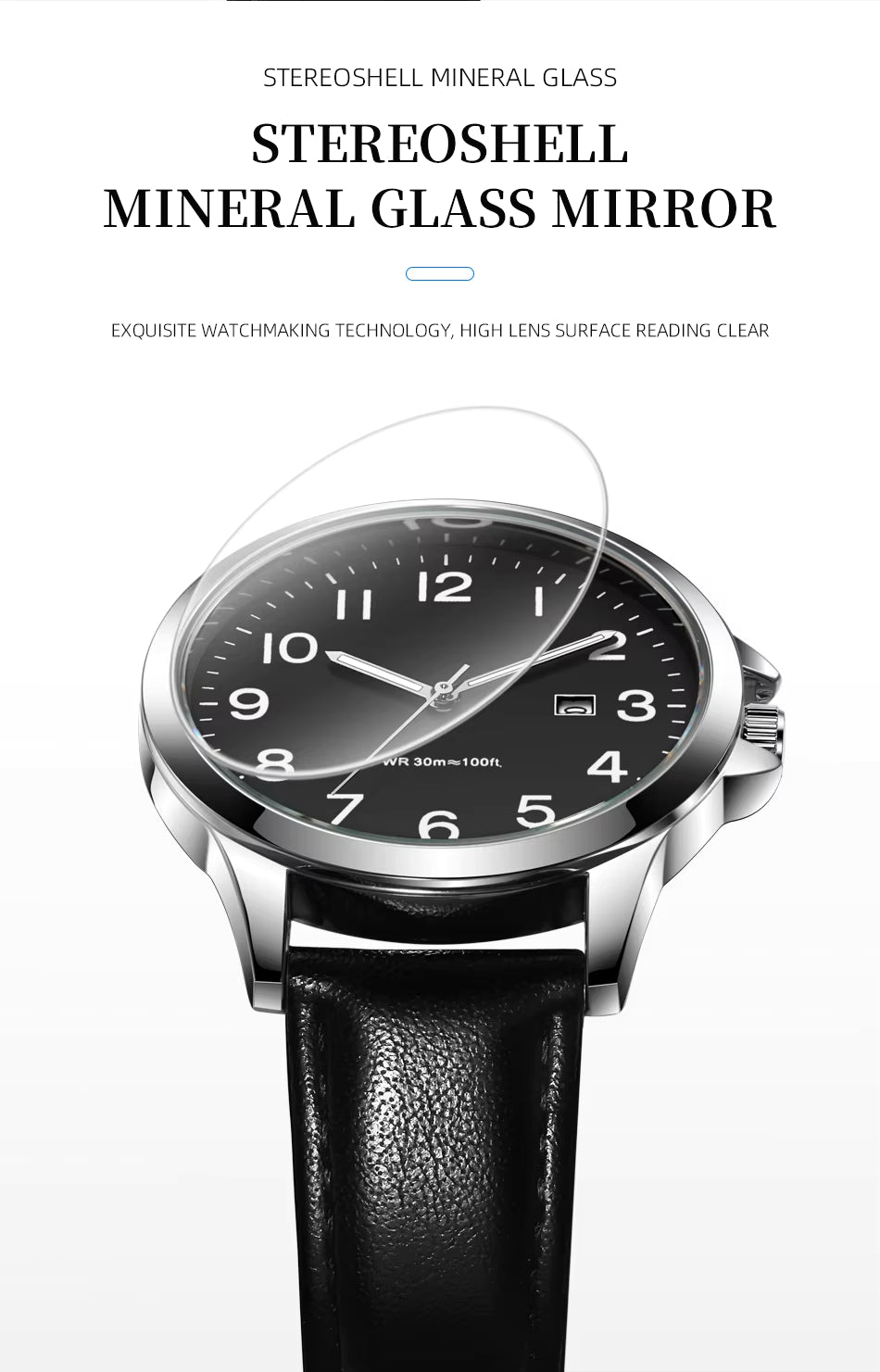Watch with black mineral glass cover on a white background
