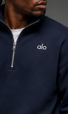 Alo Yoga Men’s Navy Blue Half-Zip Pullover Sweatshirt – Premium Oversized Fleece Athleisure Sweater