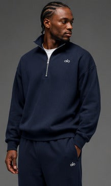 Alo Yoga Men’s Navy Blue Half-Zip Pullover Sweatshirt – Premium Oversized Fleece Athleisure Sweater