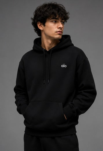 Alo Yoga Men’s Black Fleece Pullover Hoodie – Premium Oversized Heavyweight Athleisure Sweatshirt