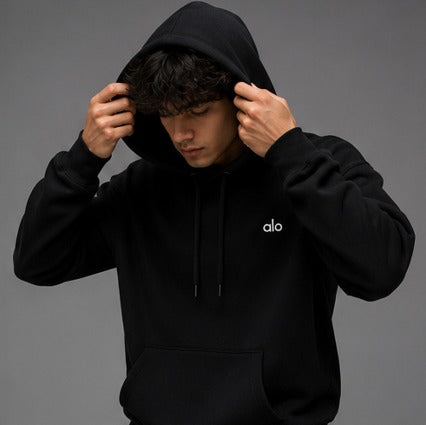 Alo Yoga Men’s Black Fleece Pullover Hoodie – Premium Oversized Heavyweight Athleisure Sweatshirt