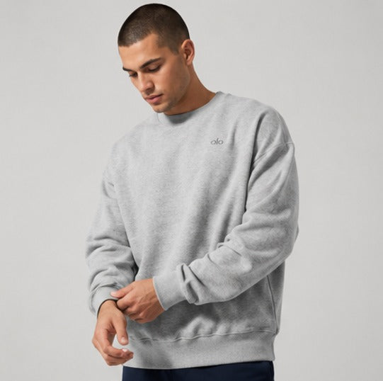 Alo Yoga Men’s Heather Grey Crewneck Sweatshirt – Premium Oversized Heavyweight Fleece Pullover