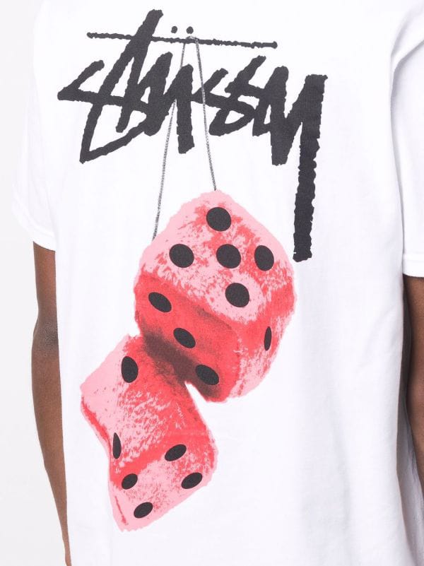 Pink fuzzy dice graphic t-shirt from Stussy Essentials in white, featuring a casual fit and bold dice design.