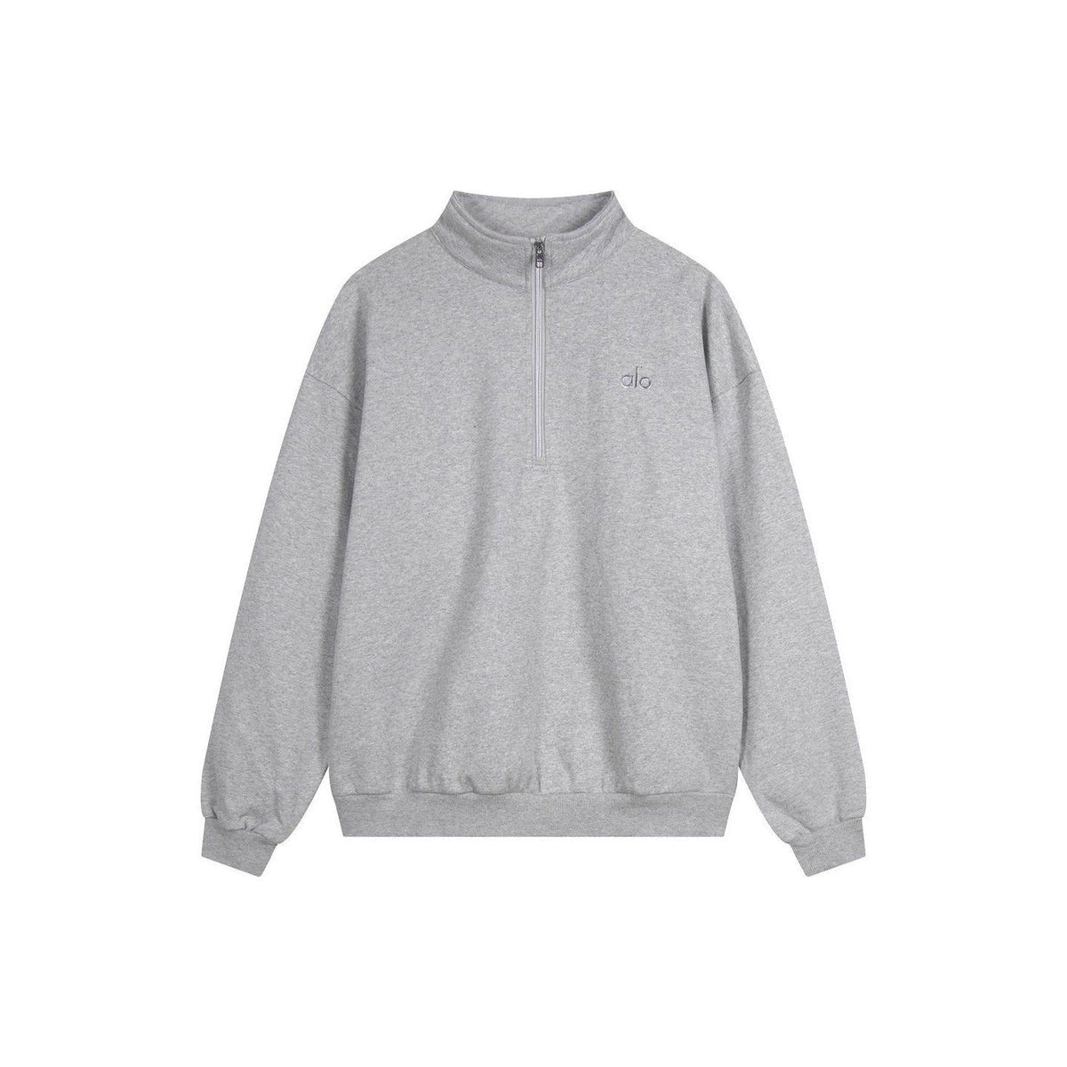 Heather grey Alo Yoga men's and women's half-zip fleece sweatshirt with quarter-zip collar and soft fleece material.