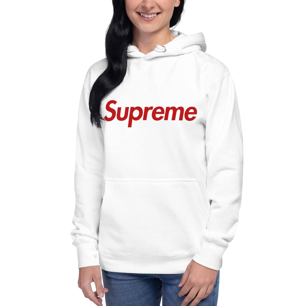 White hoodie with 'Supreme' logo worn by a person on a white background