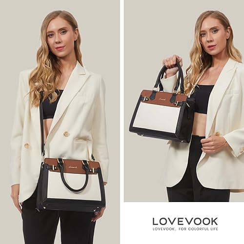 Woman holding a black and white handbag with 'LOVEVOOK' branding.