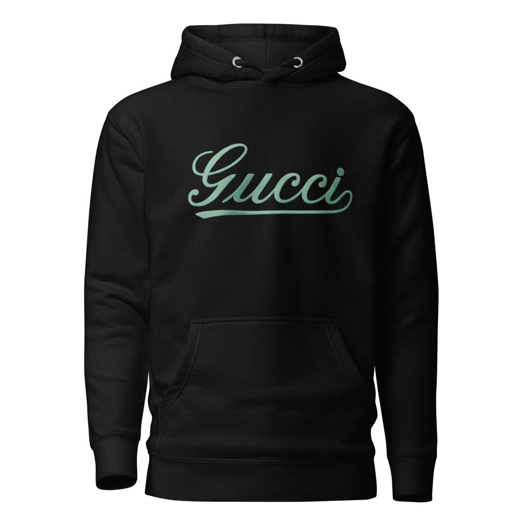 Black hoodie with 'Gucci' logo on a white background