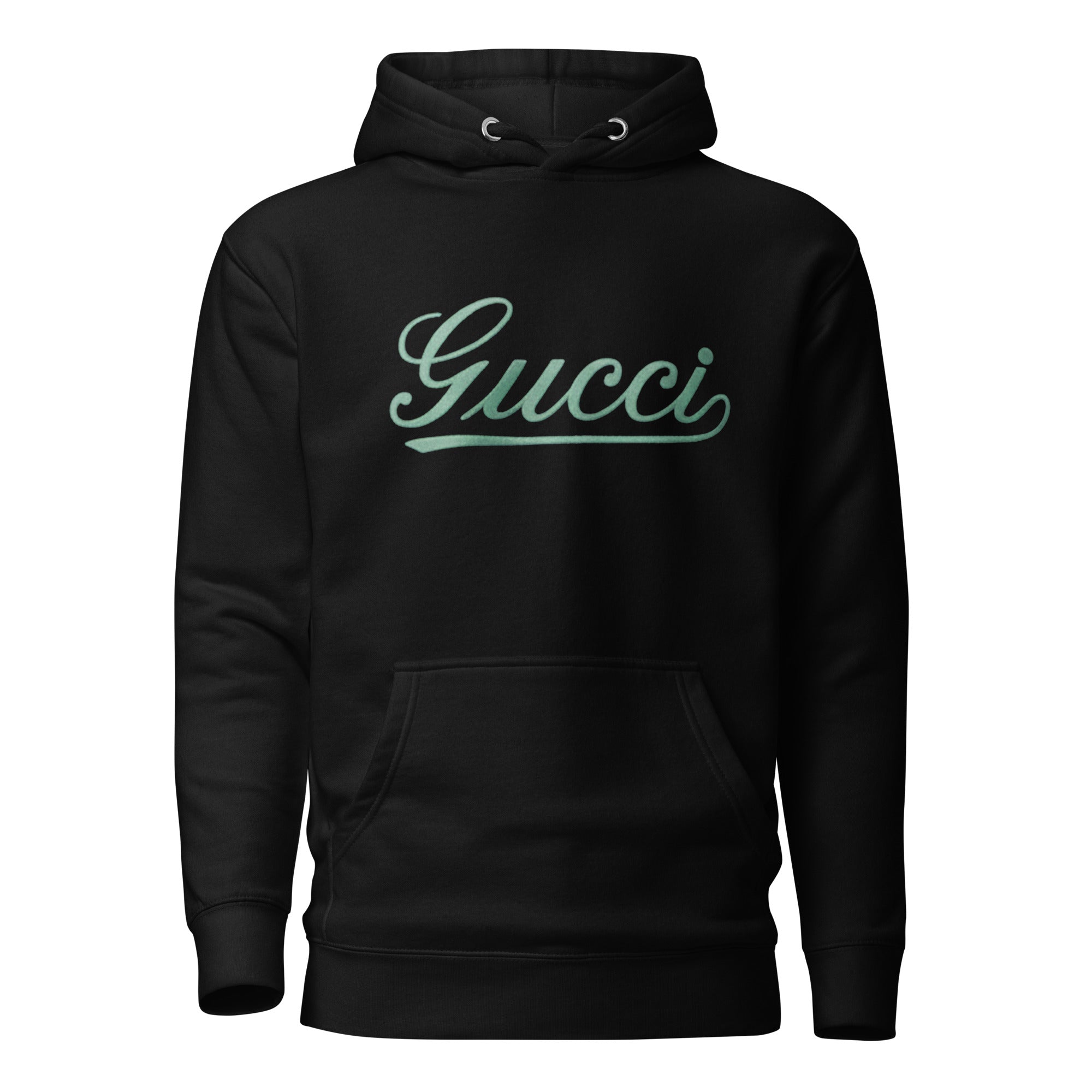 Black hoodie with 'Gucci' logo on a white background