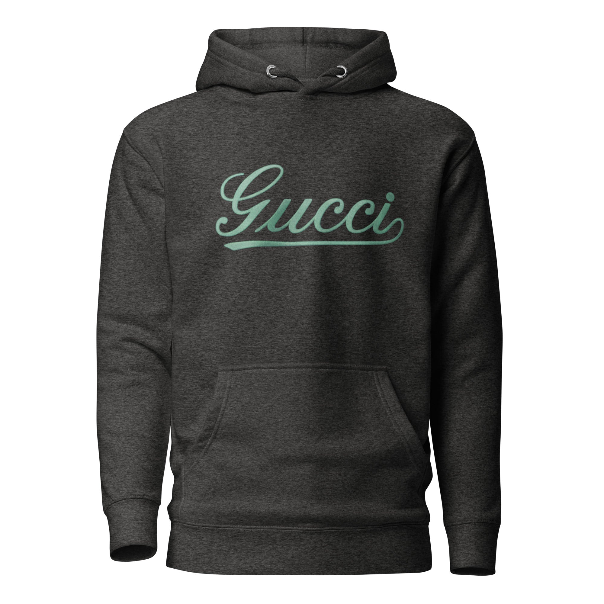 Black hoodie with 'Gucci' logo on a white background