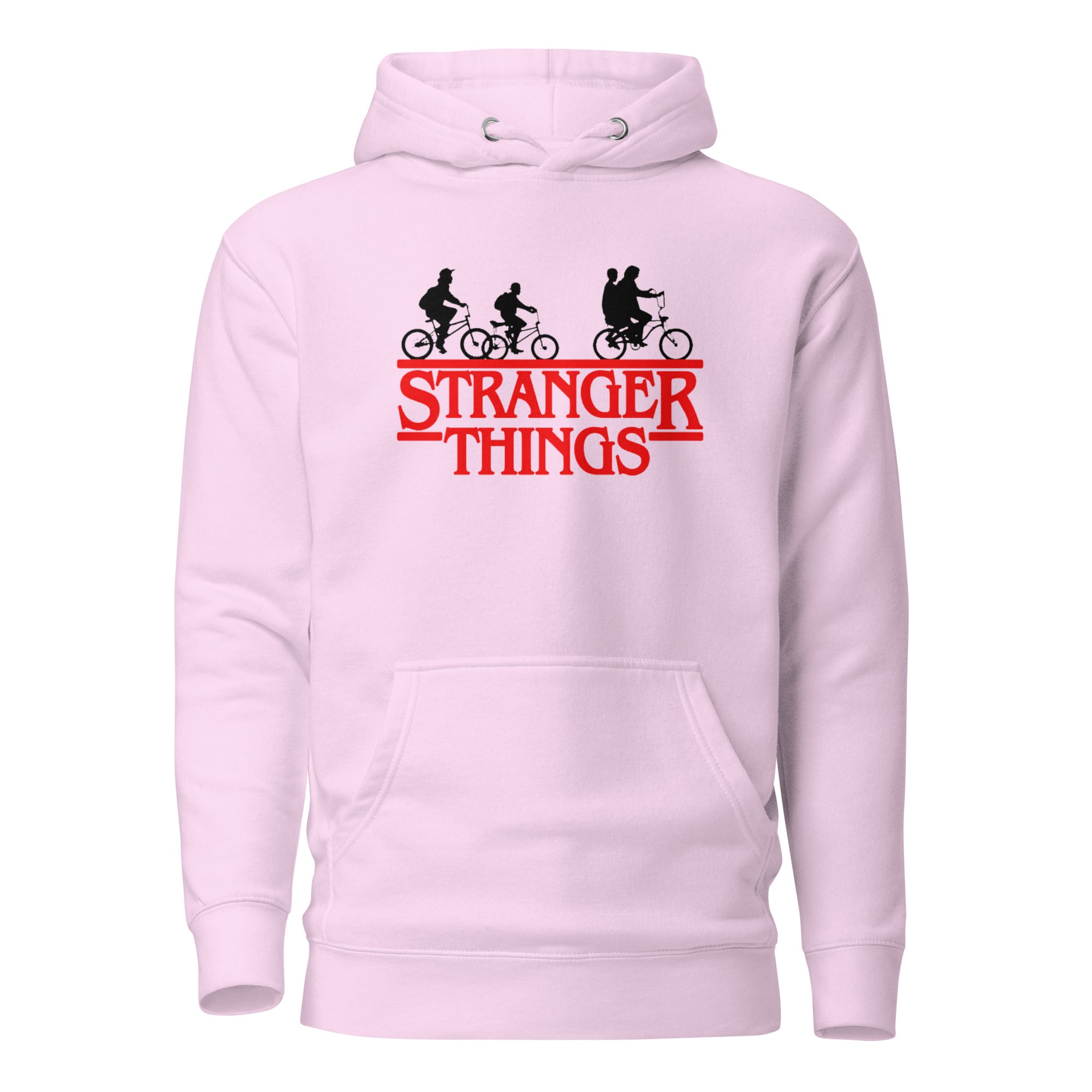 Pink hoodie with 'Stranger Things' logo on a white background