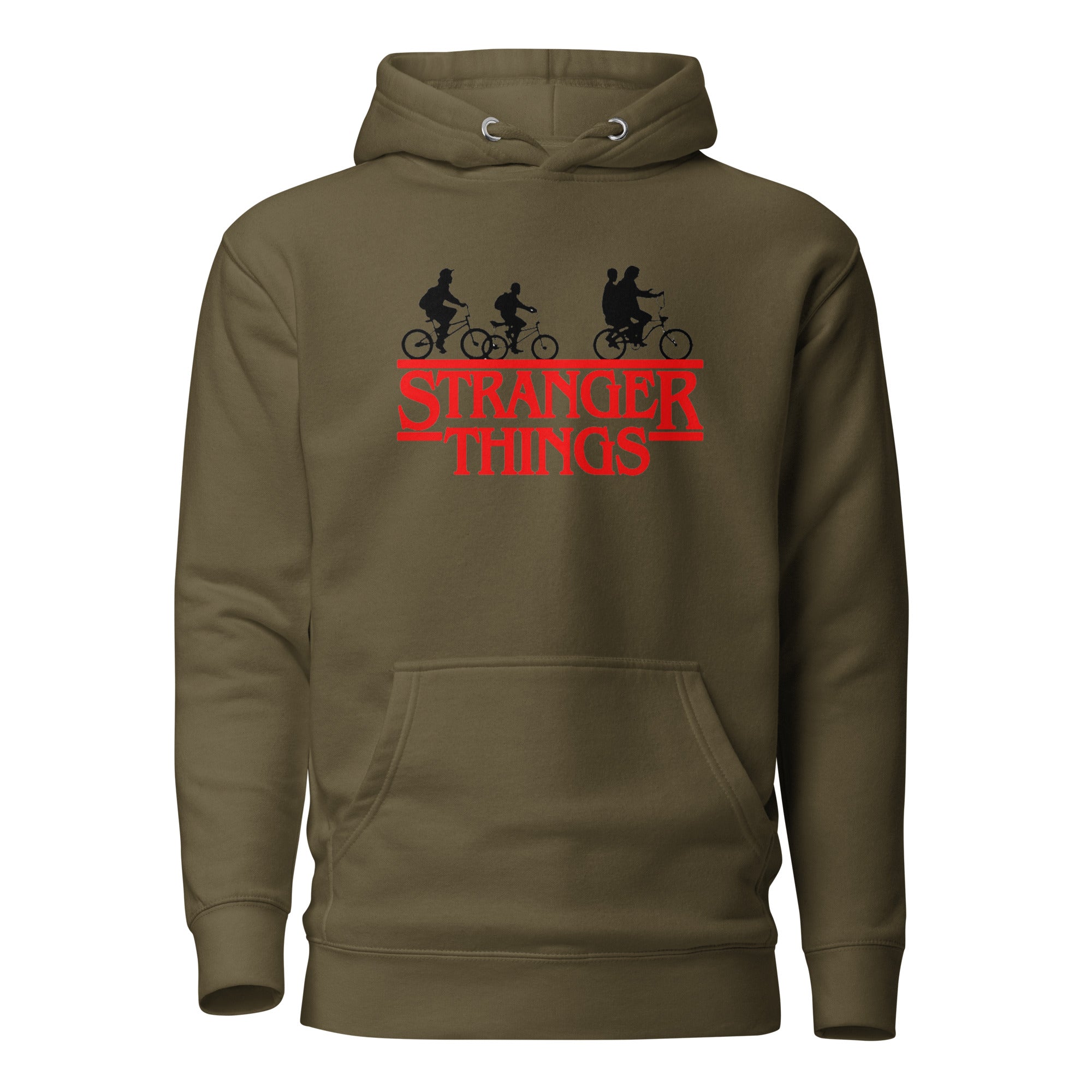 Olive green hoodie with 'Stranger Things' logo featuring three characters on bicycles.