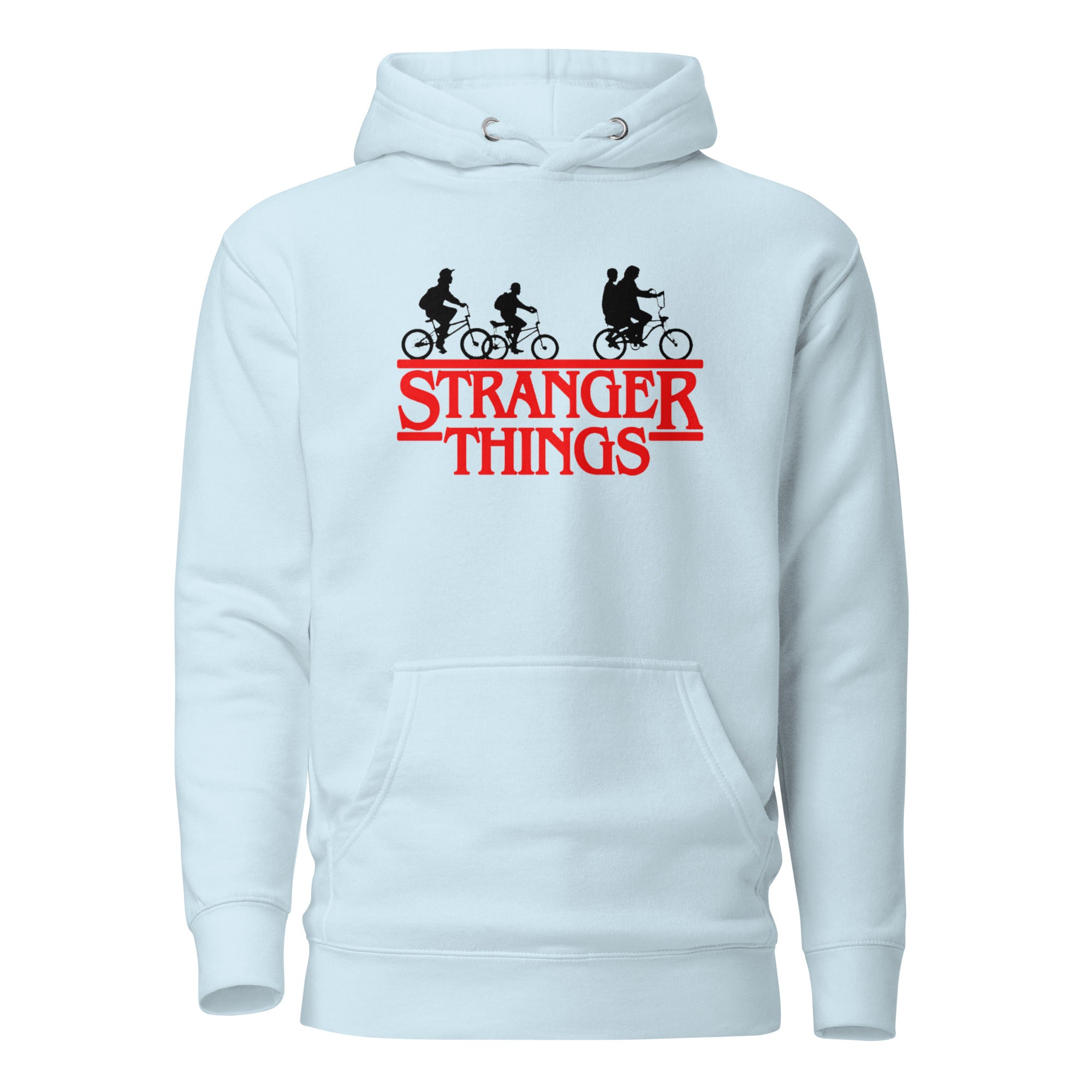 Light blue hoodie with 'Stranger Things' logo on a white background