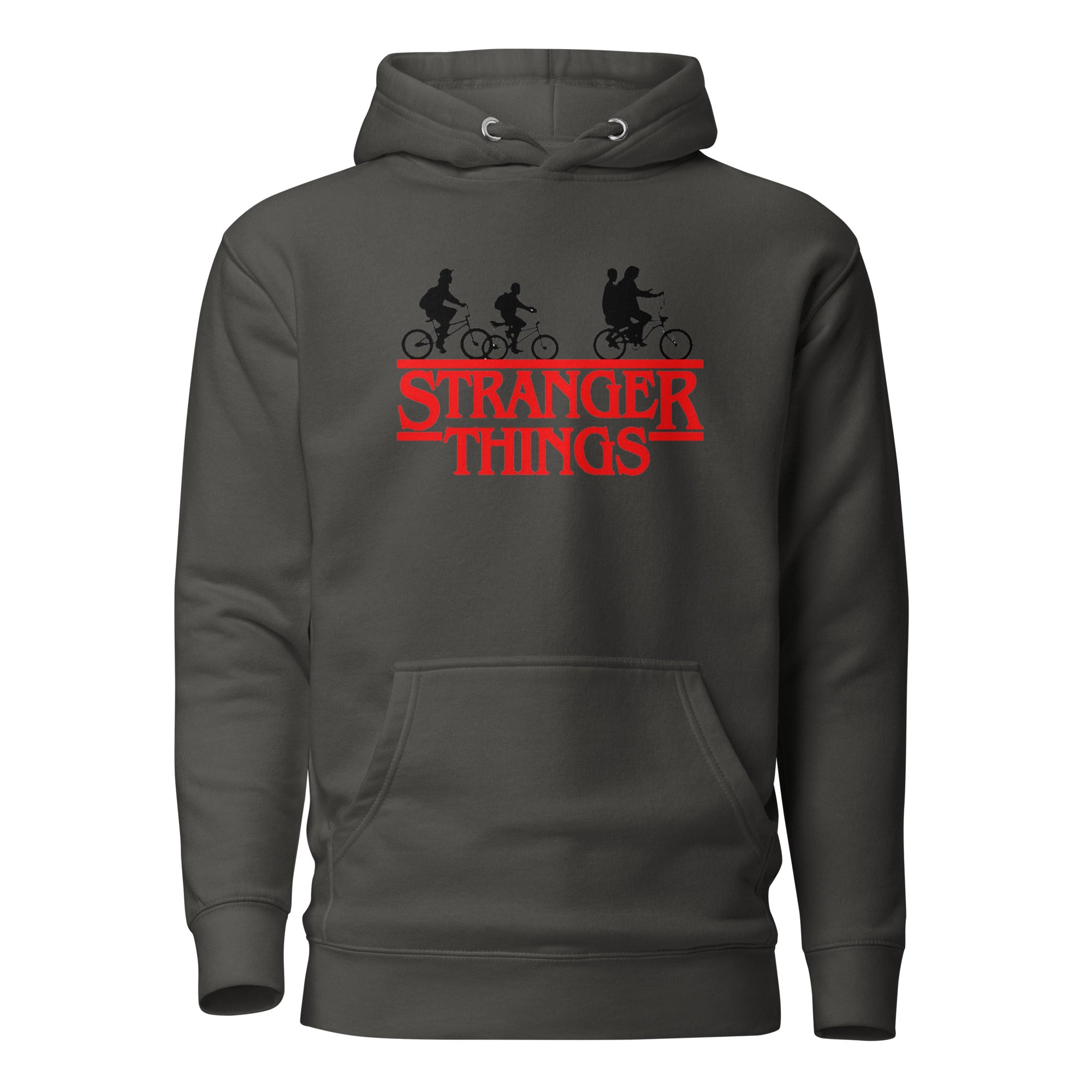 Dark gray hoodie with 'Stranger Things' logo featuring silhouettes of characters on bicycles.